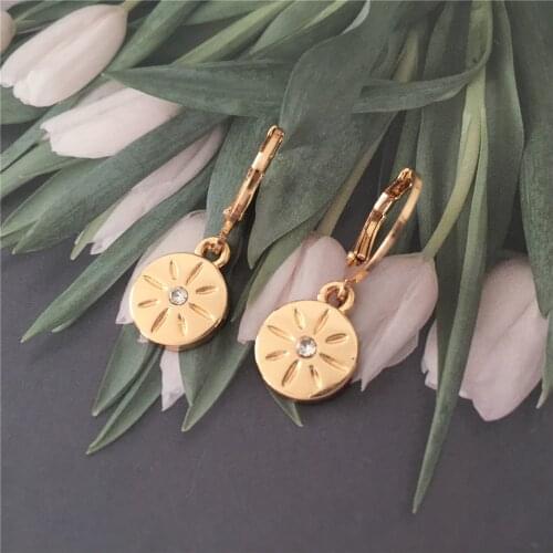 Casual Gold Color Plating Round Disc Charm With Center Stone Engraved Hoop Earrings For Women Girl Trendy Simple Daily Accessory