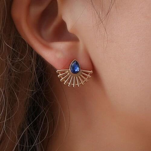 Drop Pattern Blue Zircon Crystal Hollowed Alloy Fan Earrings For Women Fashion All-match Earrings New Jewelry Gift