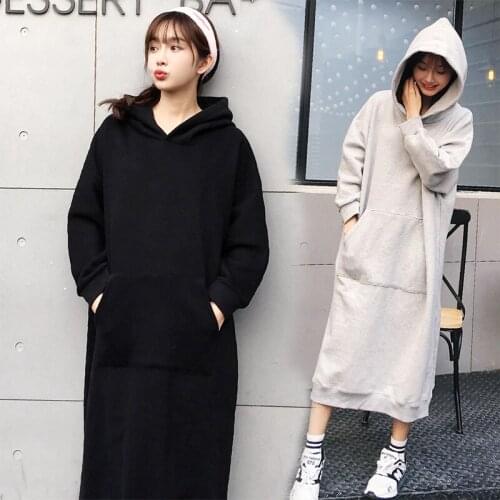2021 Autumn And Winter Solid Hoodies Dress Womens Sweatshirts Casual Long Sleeve Mid-Calf Vestidos Pullovers Oversized Robe