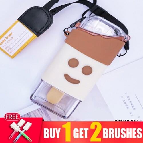 309ml Cute Flat kawaii Water Bottle h2o fruit infusion water bottle Square BPA Free Children Plastic Cups With Lid Straw Bottles