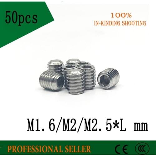 50pcs M1.6 M2 M2.5 304 Stainless Steel DIN913 Thread Grub Flat Point Hexagon Socket Set Headless Screw
