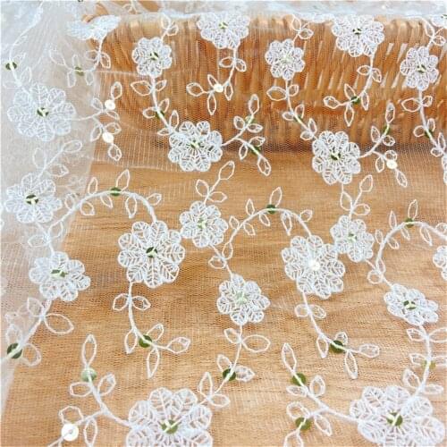 Ivory White With Sequins Mesh Lace Fabric Embroidered Flower Shiny DIY Wedding Dress Sewing Accessories V2842