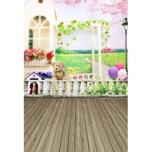 Country Road Wooden Floor Photography Background White House With Colourful Flowers Teddy Bear Backdrop For Photo Booth Prop