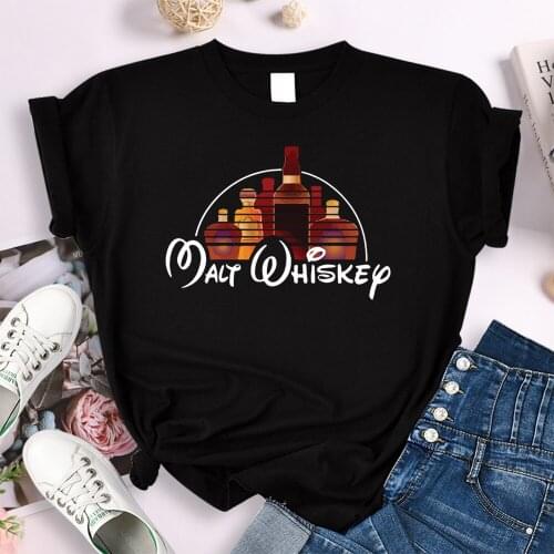 T-Shirt Womens Malt Whiskep Pattern Print Female Tees Summer Oversize Crew Neck t Shirt Women Fitted Loose Vintage Style Tops