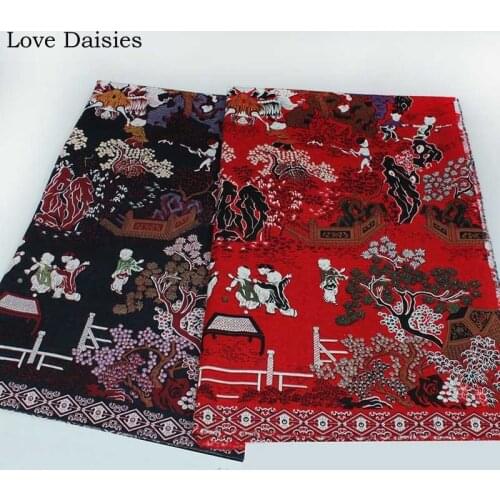 Cotton/Linen Ethenic RED BLACK a Hundred Playing Children Fabrics For Tablecloth Home Decor Curtains Cushion Apparel Dress Craft