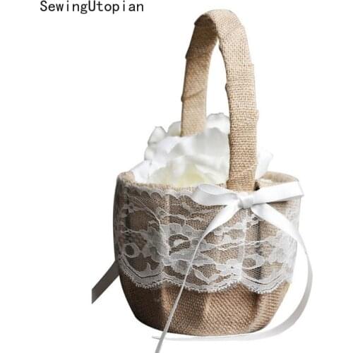Ribbon Bowknot Lace Flower Girl Basket Petals Bouquets Holder for Wedding Ceremony Party Decoration 13X22CM