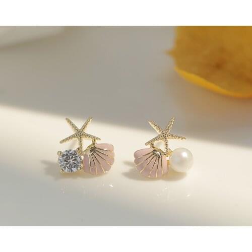 Cute Female Round Crystal Pearl Earrings Classic Gold Color Wedding Earrings For Women Charm Sea Starfish Shell Stud Earrings