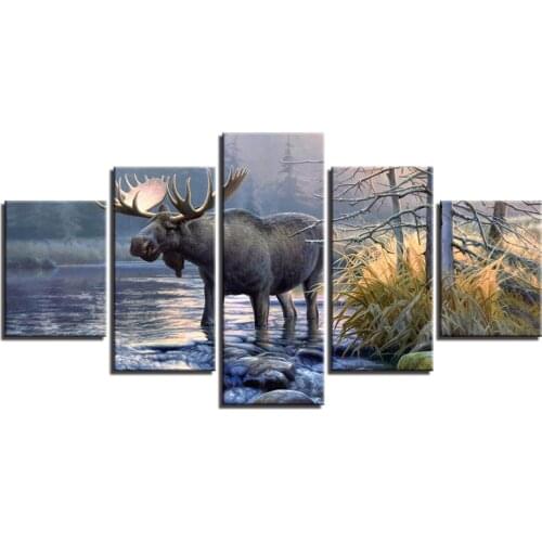 Modular Pictures Living Room HD Prints Canvas 5 Pieces Animal Elk Deer Painting Home Decor River Moose Poster Wall Art Framework