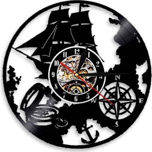 Sailboat Navigation Theme Vinyl Record Wall Clock Vintage LED Light Wall Art Decor Watch Modern Marina Time Clocks Sailor Gift