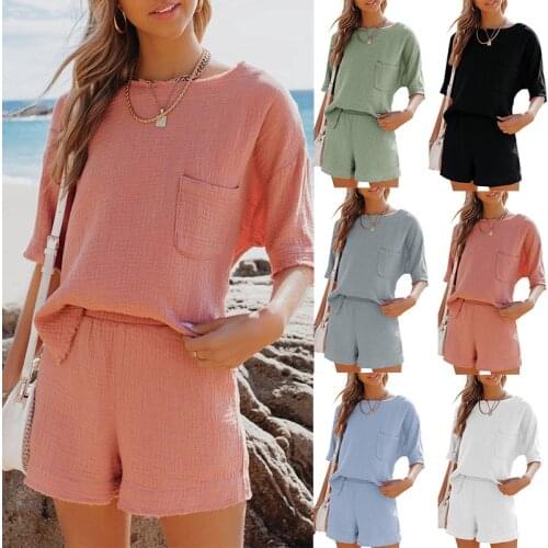 2021 summer new style ladies fashion casual solid color pockets pleated cotton and linen two-piece hot sale