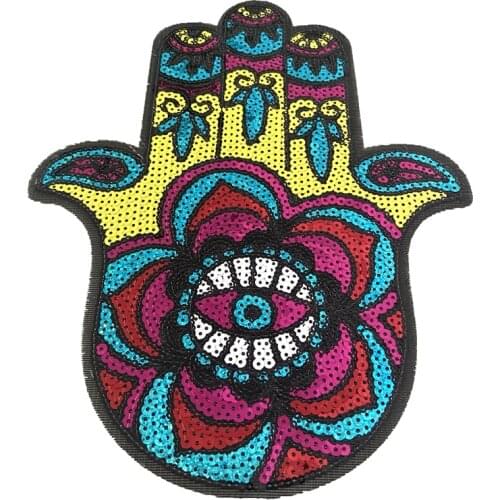 New Arrival Hamsa Hand Sequined Iron on Patches for Clothes DIY Garment Accessories Big Hand Eye Sequins Embroidery Appliques