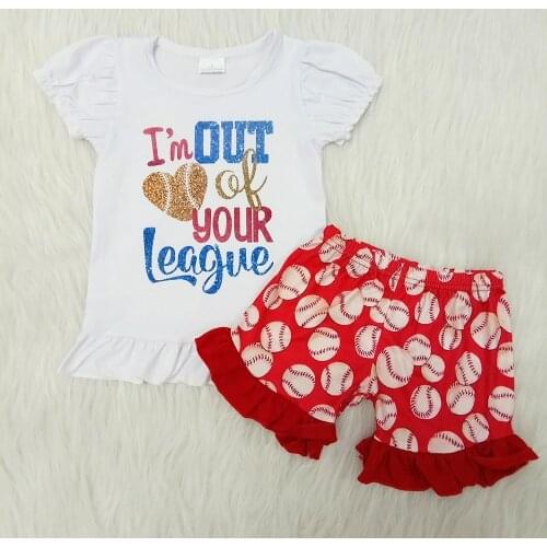 Wholesale boutique kids clothing baby girl summer short sleeve top and baseball pattern shorts set girl screen printed outfit