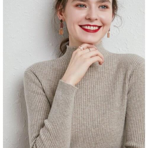 Autumn Winter Thick Women Cashmere Wool Knitted Ribbed Pullover Sweater Long Sleeve Mockneck Slim Soft Warm Femme