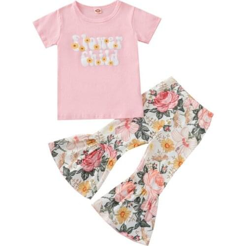 1-4 Years Girl Summer Outfits Letter T-Shirt And Floral Print Flare Long Trousers Suit 2021 Fashion Girls Casual Clothing Set