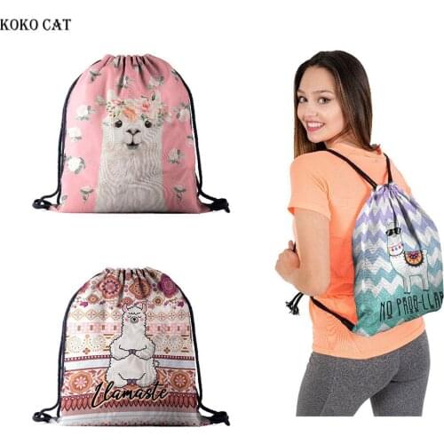 Koko Cat Fashion Women Drawstring Backpack Alpaca Printing Travel Softback Shoes Storage Package Birthday Party Bags Mochila