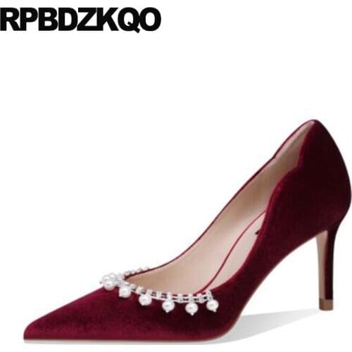 Pointed Toe Women High Heels Crystal Beaded Wedding Shoes Dress Pumps Scarpin 8cm Bridesmaid Red Velvet Pearl Diamond Rhinestone