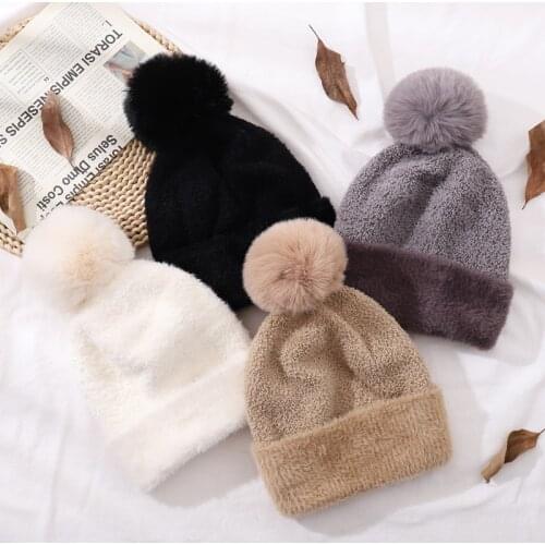 CNTANG New Womens Warm Double layer Lining Hat Faux Rabbit Fur Pompom Beanies Fashion Winter Fabric lamb Cap Casual Girls Hats