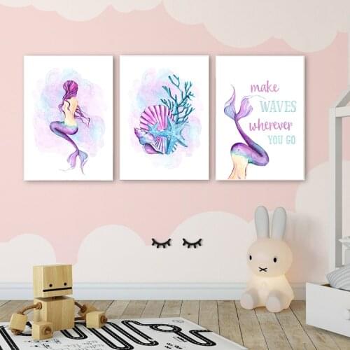 Modern Cartoon Lovely Canvas Painting Prints Pink Mermaid Poster Nordic Baby Girl Nursery Wall Art Picture Bedroom Home Decor
