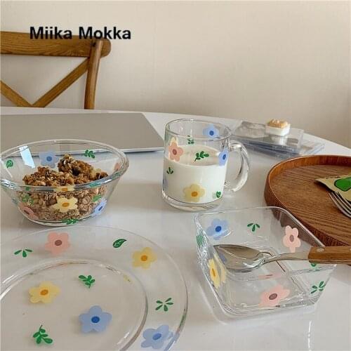 Korean Style Fresh and Lovely Flower Glass Bowl Breakfast Cereal Salad Bowl Glass Cup Heat Resistant Flower Plate