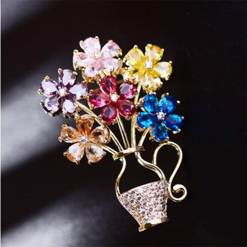 Beautiful Flower Basket Shape Brooches for Women Clothes Luxury Colorful Zirconia Brooch Pin Corsage Broche Wedding Jewelry Gift