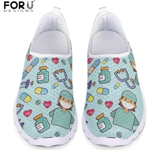 FORUDESIGNS Fashion Nursing Shoes Women Carton Nurse Heartbeat Design Breathable Mesh Running Sneakers for Ladies Casual Flats