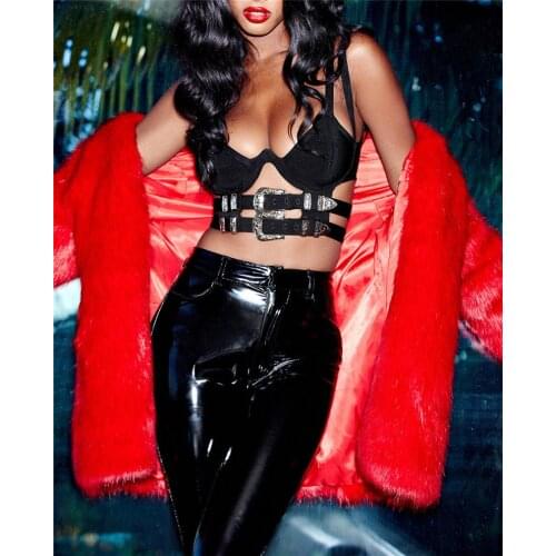 High Quality Black Solid Strap Sleeveless Metal Button Mini Sexy Rayon Bandage Womens Tops