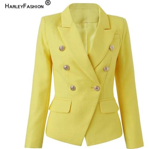 HarleyFashion European Designer Trendy High Street Double Breasted Candy Yellow Women Fitted Blazer