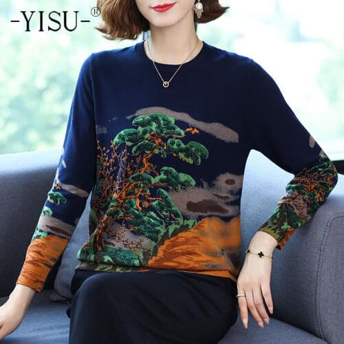 YISU Women Wool Sweater Jumper O-Neck Trees Printing tops Long sleeves Loose Female Casual Knitted pullover Women clothing