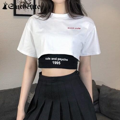 SUCHCUTE Kawaii Two Piece Sets Women T-shirts Korean Casual Aesthetic Letter Vintage Girls Crop Top Harajuku Vest Tee Streetwear