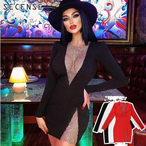 Bling Dresses Women Black Beading Long Sleeve Deep V Bandage Mini Dress Sexy High Split Hollow Out Sheath Club Celebrity Dress