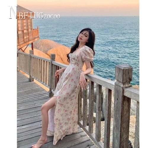 Flower Printed Puff Sleeve Women Dress 2021 Summer New Slit Female Dresses