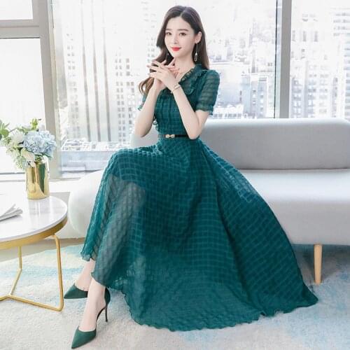 2021 Spring Summer Plaid Chiffon Beach Midi Dress 3XL Plus Size Vintage Runway Maxi Dresses Elegant Women Bodycon Party Vestidos
