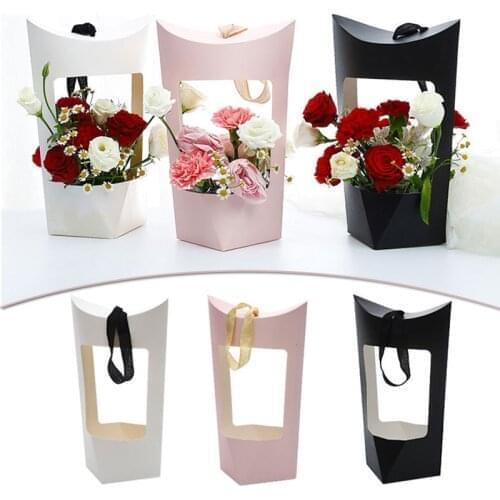 1PC Florist Gift Packing Bouquet Basket Flower Box with Ribbon Kraft Handbag Party Decoration