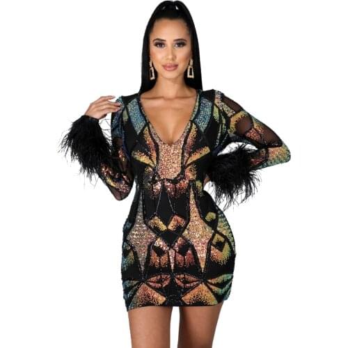 2020 Best Quality Fashion Design Sequins Dress Sparkly V-neck Feather Long Sleeve Celebrity Party Mini Dress Vestidos