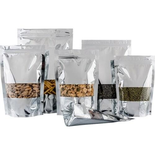 500pcs/lot Silver Clear Stand Up Aluminum Foil Bags Resealable Heat Seal Plastic Window Bag, Food Storage Packing Pouch