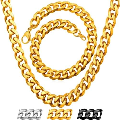 Collare Men Chain 316L Stainless Steel Sets Gold/Black Color Hiphop Wheat Chain Bracelet Necklace Sets Rock Men Jewelry S219