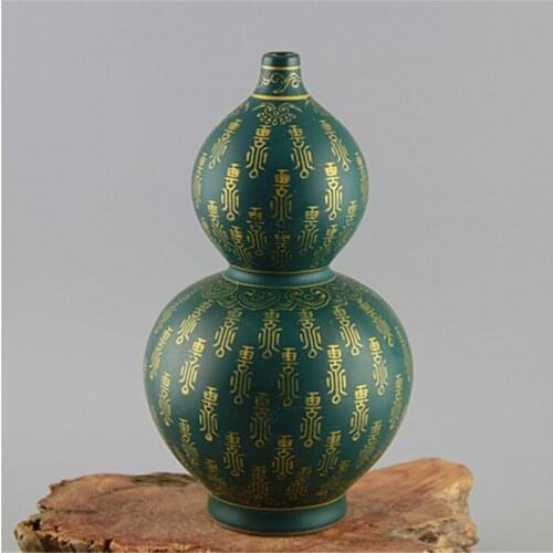 Jingdezhen Antique Enamel Vase Yong Zheng Green Glaze Gold Longevity Gourd Vase Old Antique Porcelain Antique Ornaments