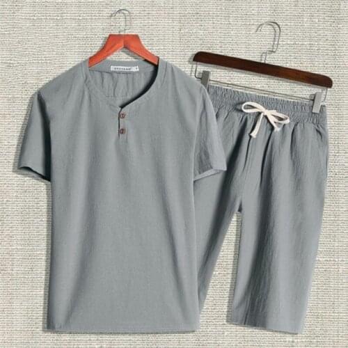 2021 Summer Mens Cotton and Linen Short-sleeved baggy Two-piece Suit Loose T-shirt Top V-neck Pullover Two Pieces Sets Big Size