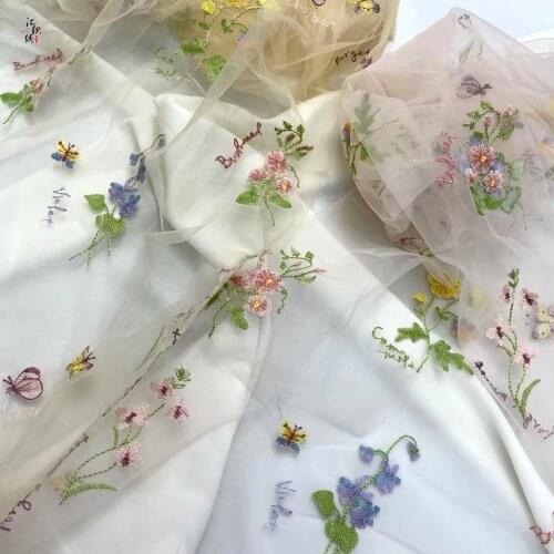 1 Yard Colorful Flower Overlay Embroidery Dance Butterfly French Tulle Lace fabric For Wedding Dress Evening Bridal Gown Curtain