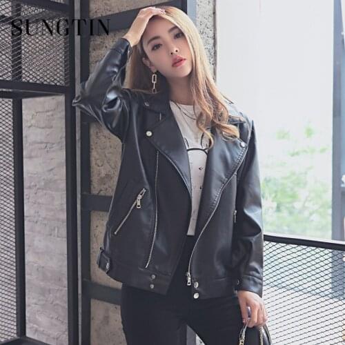 Sungtin Spring Autumn PU Leather Jacket Women Loose Coat Ladies Casual Brand New Zipper Motorcycle Biker Jacket Outerwear Female