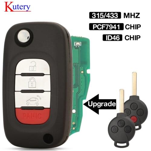 Kutery 3/4 Buttons KR55WK45144 315/433 MHZ ID46 PCF7941 For Mercedes-Benz Smart Fortwo (2008-2015) Replacement