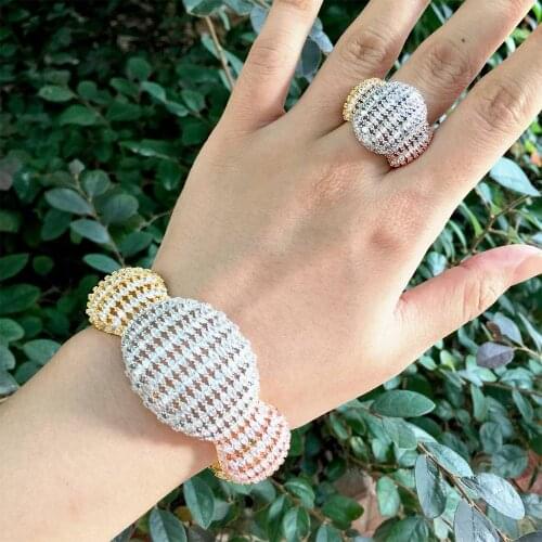 ModemAngel Fashion Luxury Super 3 Tone Boom Flowers AAA Cubic Zirconia Women Engagement Party Width Bracelet Bangle And Ring Set