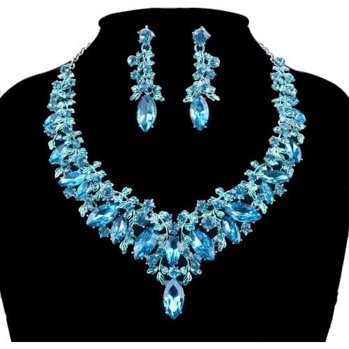 Fashion blue Color Delicate Bridal party jewelry sets marquise glass lake blue necklace and earrings women dress jewelry
