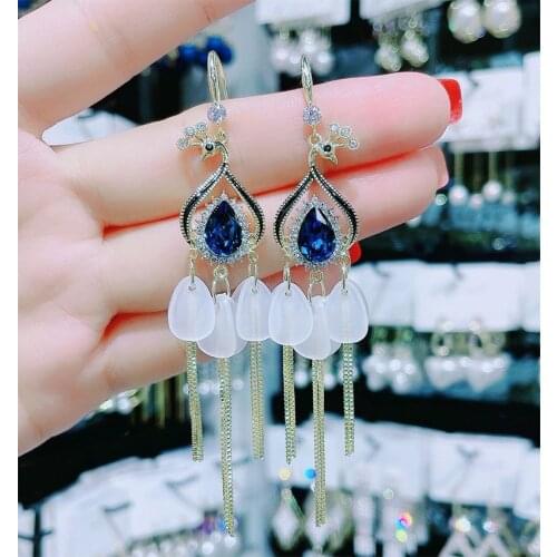 Fashion blue rhinestone earrings with peacock shaped tassel personalized crystal Elegant 2021 trend For friend female jewelry