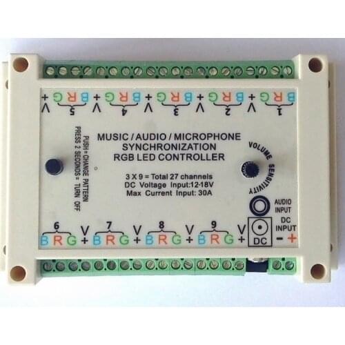 Music Sync controller, sound active, sound to light, audio activate, 3*9groups = 27 channels, DC 12V for common anode fixtures