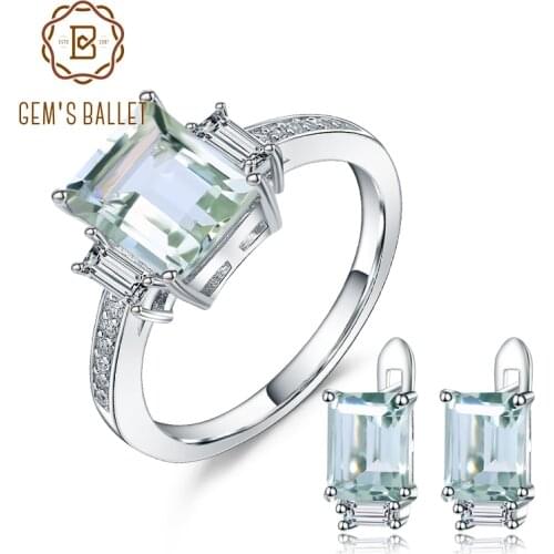 GEMS BALLET Natural Green Amethyst Earrings Ring Set 925 Sterling Silver Rectangle Gemstone Jewelry Set For Women Fine Jewelry