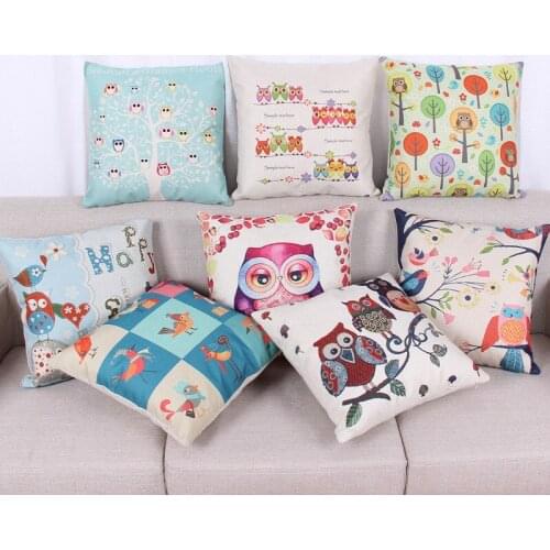Cartoon Owl Tree Cushion Cover Cotton Linen Decorative Pillowcase Chair Seat Square 45x45cm Pillow Cover Home Living Textile