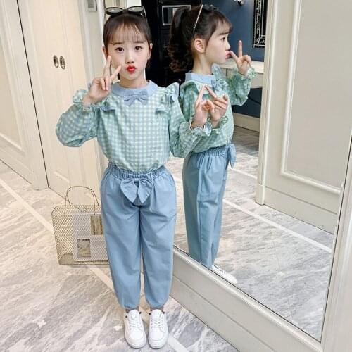 Autumn 2021 Teenage Girls Clothes Suits Children Fashion Plaid Shirts + Bow Long Pants 2Pcs Sets Kids Girl Baby Clothing Set