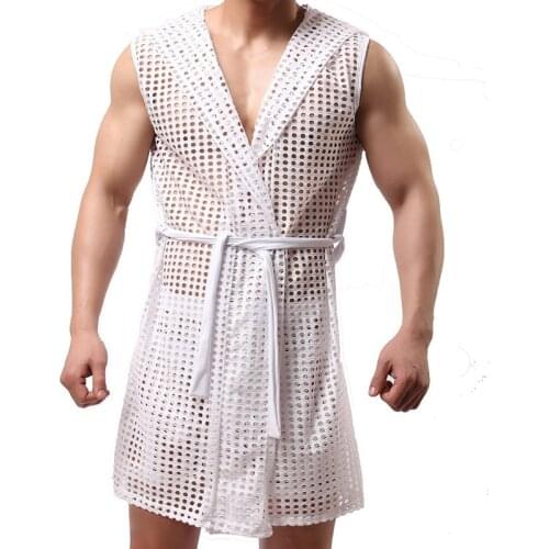 Mens Sexy Bathrobe Hooded Dressing-gown Pajamas Mesh See-Through Lingerie Open Front Sleepwear Kimono Man Gown Robes Nightgown