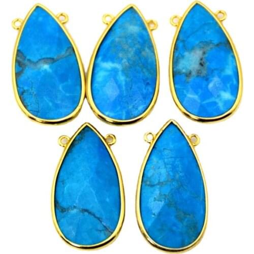 Natural turquoises Pendant Teardrop pear shape connector 30x15mm handmade gold plating Gem stone Charm blue howlite jewelry